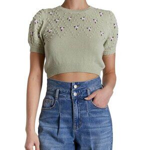 NWT O A T NEW YORK Short Sleeve Pull on Cropped 100% cotton Sweater, M, Green